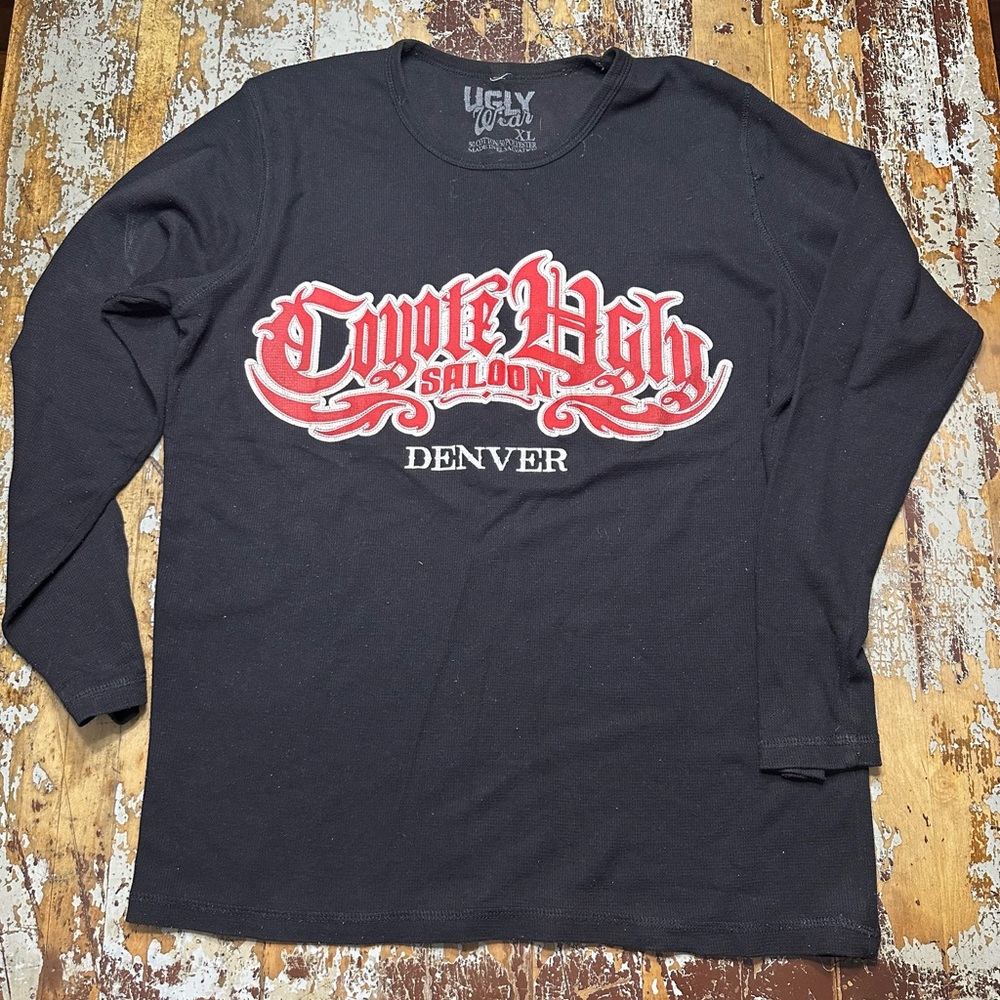 Sz XL Waffle knit Coyote Ugly Black Long Sleeve lightweight thermal